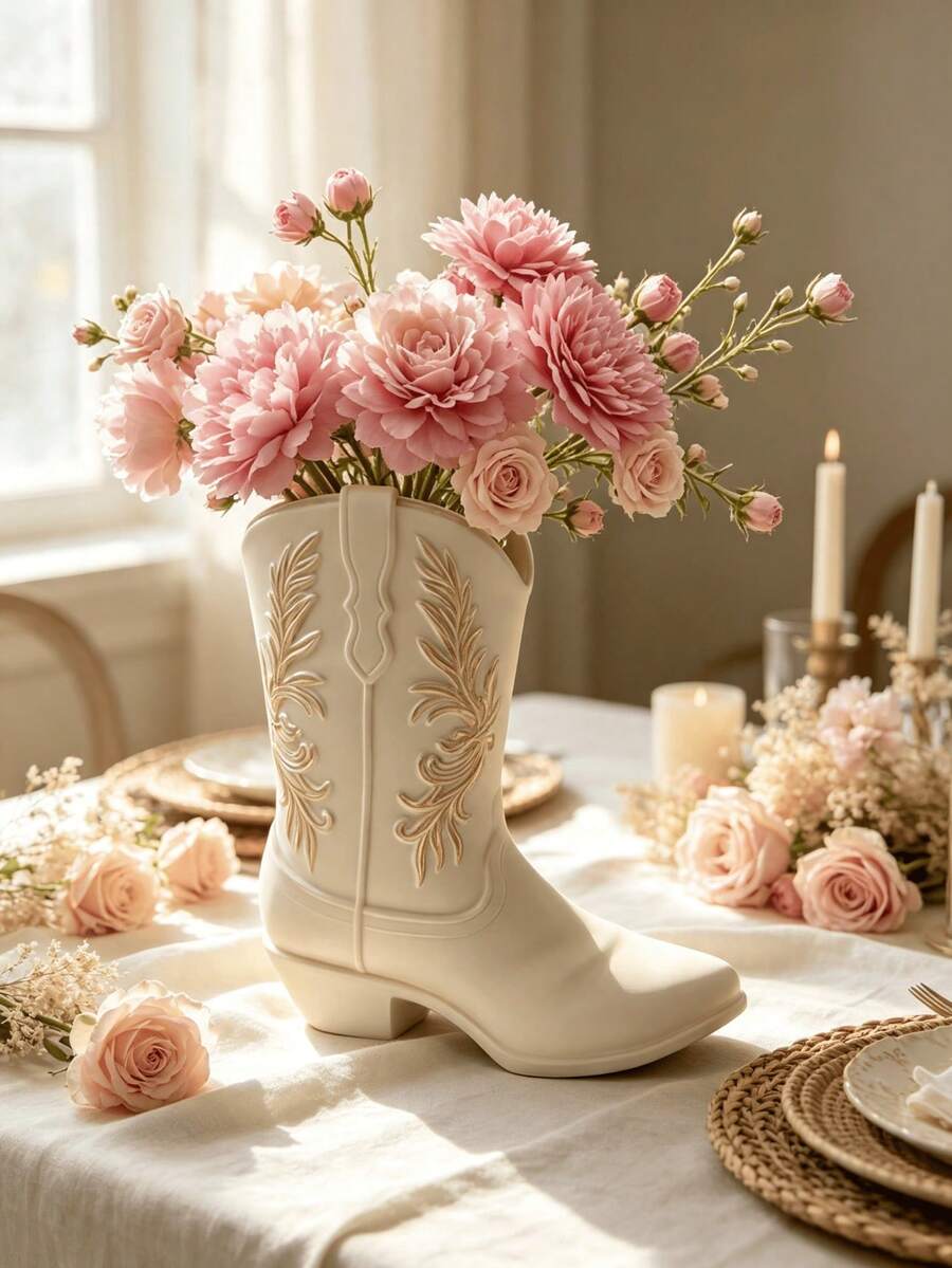 Vintage Western Cowboy Boot Resin Vase, Cream Embossed Boot-Shaped Flower Pot, Bohemian Farmhouse Dining Table Decor, Dried Flower Arrangement Container, Home Wedding Decoration - B - View 1