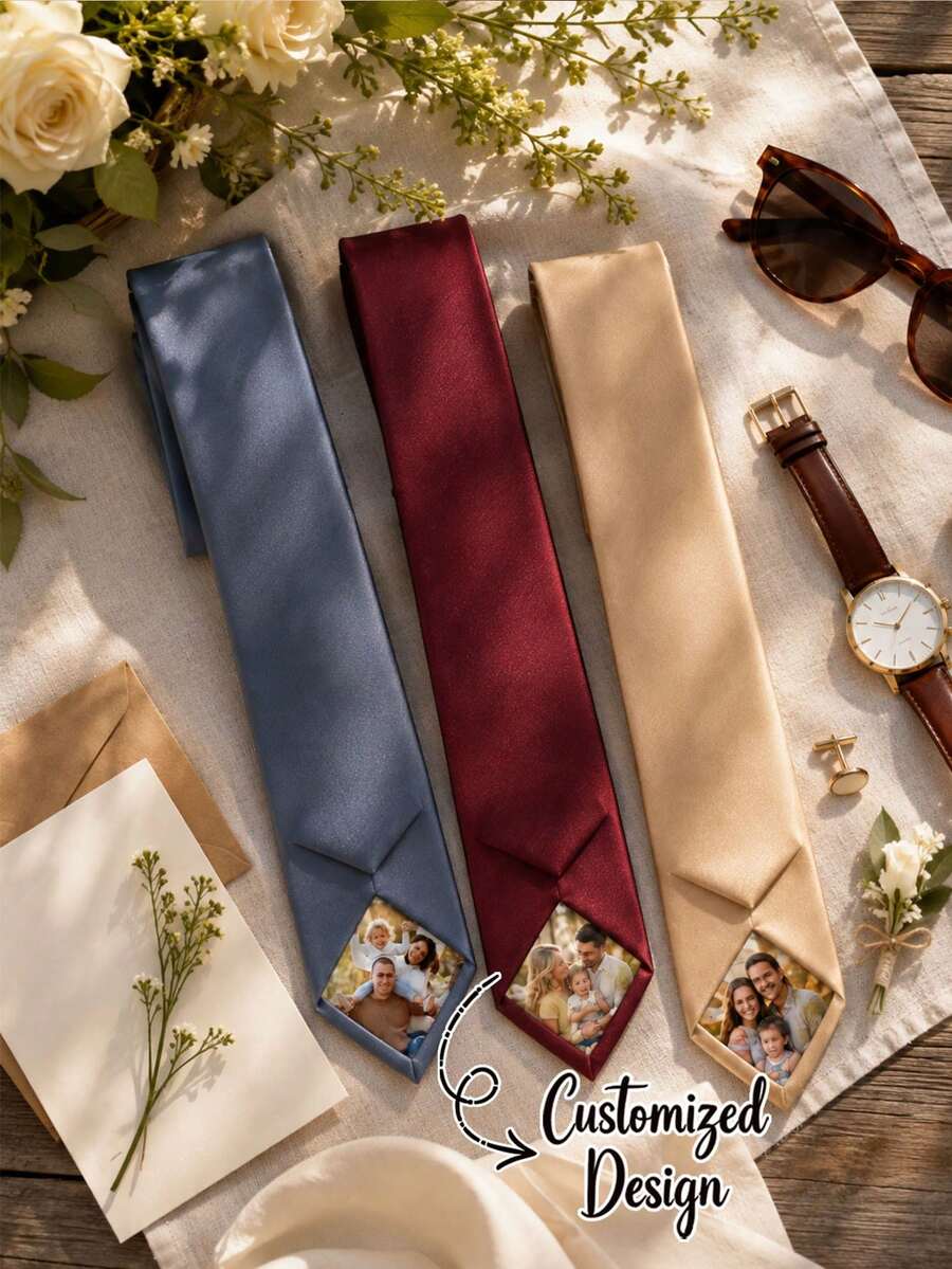 Personalized Photo Tie Patch - Fashionable Black Tie, Customizable Pattern, Ideal Business Gift For Wedding Anniversary, Suitable For Men, Husband Or Father - Multicolor - View 1
