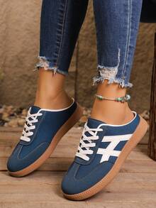 Women's Fashion Half-Slip-On Solid Color Sporty Lace-Up Metal Eyelet Flat Casual Shoes - Denim Blue - View 5