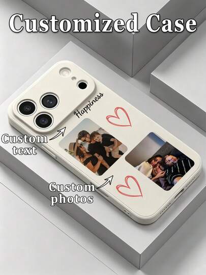 1pc DIY Couple Dual Photo & Personalized Name Custom Heart Element Pattern Ultra-Thin Anti-Slip TPU White Phone Case, Compatible With Apple 17ProMax/16Pro/15Pro/14 Plus/13 Pro/12 Pro Max/11/XsMax/8/7/6Plus/5 Phone Accessories