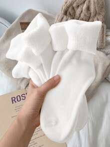 Random 3/5/10 Pairs Women's Mid-Calf Socks, Solid Color, Warm Fleece Lining, Postpartum Home Wear, Autumn/Winter - Multicolor - View 17