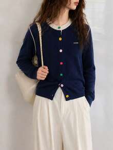 Jaket Sweater Rajut Cardigan Minimalis Kasual Musim Gugur/Dingin Wanita - Navy Blue - View 4