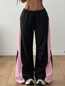 1pc Women's Loose Wide Leg Sports Pants With Pleated Patchwork Contrast Color Design, Fashion For Fitness, Running, Yoga, Training, Commuting And Versatile Occasions - Black - View 3