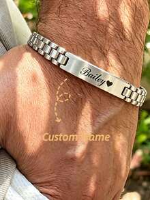 Custom Engraved Name Bracelet, Fashionable Minimalist Stainless Steel Customizable Text Bracelet, Unisex Personalized Commemorative Jewelry, Suitable As Valentine's Day Gift, Anniversary Gift, For Boyfriend, Grandfather, Parents, Friends, Coordinates Bracelet - Multicolor - View 1