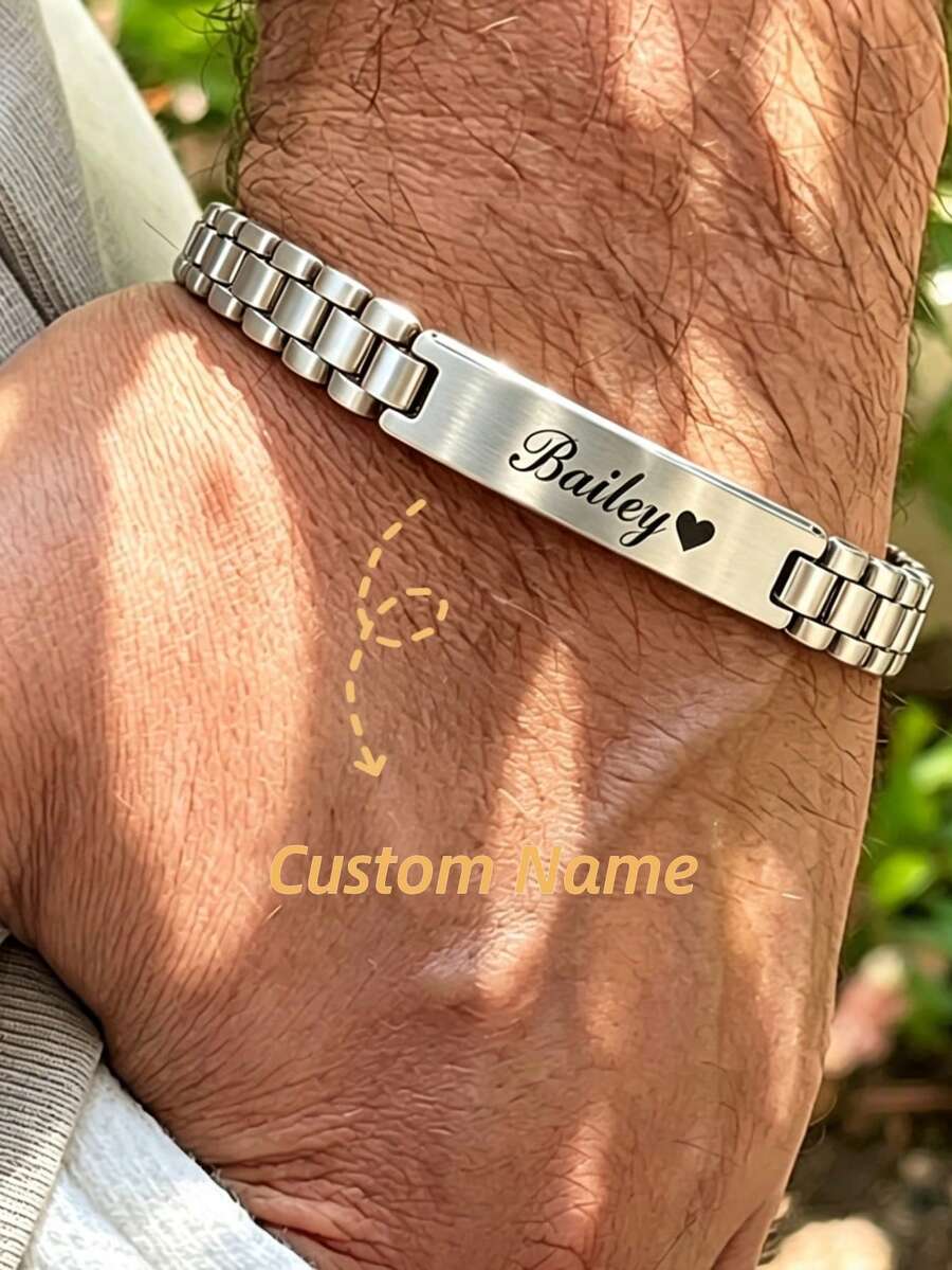 Custom Engraved Name Bracelet, Fashionable Minimalist Stainless Steel Customizable Text Bracelet, Unisex Personalized Commemorative Jewelry, Suitable As Valentine's Day Gift, Anniversary Gift, For Boyfriend, Grandfather, Parents, Friends, Coordinates Bracelet - Multicolor - View 1