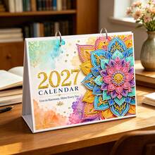 1件 5D DIY-2027 鑽石畫桌曆，曼陀羅花卉圖案主題創意設計紙質雙面桌曆，創意手工，適合居家書房、辦公室與桌面裝飾，適合女性，理想的節日與新年禮物，送給同事、朋友與家人 - WTL009-曼陀羅 - 查看 2