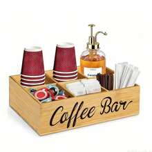 Wooden Coffee Bar Storage Organizer, 6-Compartment Coffee Station Rack For Coffee Capsules, Tea Bags, Sugar And Straws, Suitable For Rustic Style Kitchen Countertop Decor, Storage Box, Available In Black, White, Bamboo Colors - Multicolor - View 4