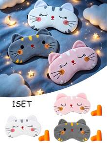 Travel Cat Pattern Blackout Eye Mask Set With Earplugs, Comfortable Cartoon Cat Sleep Mask Set, Suitable For Napping, Long-Haul Flights, Deep Sleep, Business Trips, Travel Essentials, Back To School - Multicolor - View 2