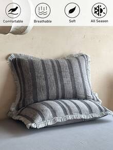 1pc Dark Gray Tufted Tassel Pillowcase, Vintage Distressed Country Style Decorative Throw Pillow Cover, All-Season Home Decor Long Pillowcase, Machine Washable, No Filling - Dark Grey - View 5