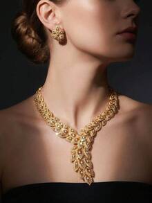 Make You Shine At Every Big Event! 4Pcs Gold Tone Filigree Leaf Rhinestone Jewelry Set Luxury Crystal Jewelry Set For Banquet Party Wear Confidence - Gold - View 5