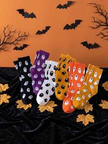 6 pares/4 pares aleatórios/3 pares aleatórios/1 par aleatório de meias de cano médio com estampa fofa de fantasma, meias divertidas e excêntricas para casal, adequadas para fantasias de Halloween - Multicolorido - Visão 7