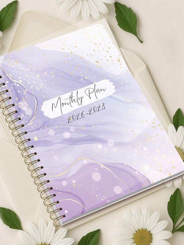 1pc Purple Marble 2026-2028 Monthly Planner, Gold Spiral Bound Calendar With Notes, Suitable For School And Office, Back To School Supplies Office Desk Accessories Notebook, Teacher Supplies