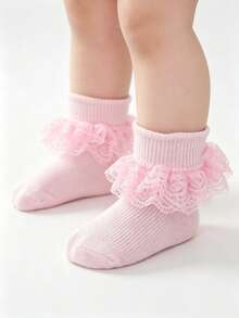 6/1 Pair 0-3 Years Old Baby Girl Short Socks, Lace Ruffle Design, Christmas Children Socks, New Year Socks, Comfortable Princess Style Newborn Socks - Multicolor - View 3