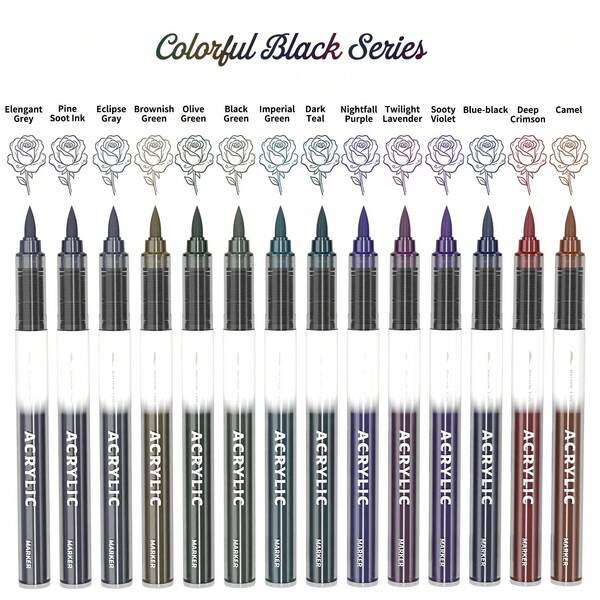 Flysea New 14 Colors Acrylic Paint Markers With Brush Tip, Auto-Ink Flow Water-Based Art Pens, Includes Canvas Bag, Waterproof DIY Craft Markers For Fabric, Stone, Wood, Glass (Vibrant Black Series)