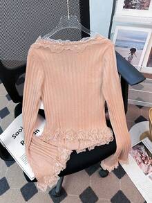 女款法式蕾絲飾邊修身長袖開襟針織衫，秋冬款，甜美風格，適合日常穿著與約會，長袖上衣 - 粉色 - 查看 8