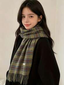 Elegant Green Plaid Scarf With Tassels - Soft & Warm Polyester Shawl For Teens | Hand Washable & Windproof | Perfect For Outdoor Fashion, Non-Deforming, Highly Decorative - Multicolor - View 5