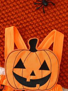 Halloween Baby Girl Spring/Autumn Party Cartoon Pumpkin Mesh Full Print Embroidered Long Sleeve Bodysuit + Skirt 2pcs Set - Orange - View 4