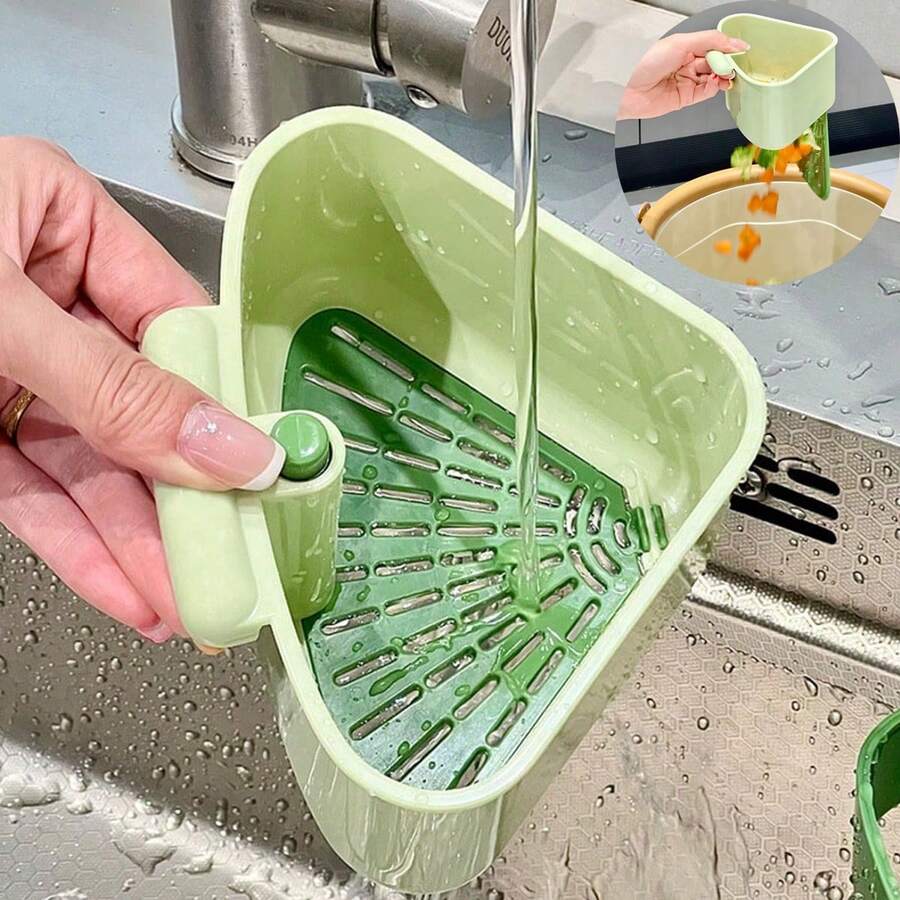 附吸盤水槽濾網籃，自動傾斜機制收集食物殘渣，三角水槽海綿置物架附吸盤濾網籃，適用於廚房與浴室水槽