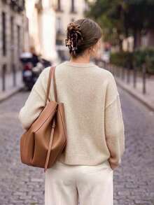 Women's Crewneck Knit Sweater Pullover, Long Sleeves And Regular Hem, Soft Slight Stretch Fabric With Statement Flower Detail Fall - Camel - View 5