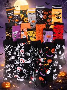 1/3/5/10 Pairs Random Halloween Party Theme Skeleton & Pumpkin Pattern Mid-Calf Socks, Unisex For Party And Holiday Use - Multicolor - View 26