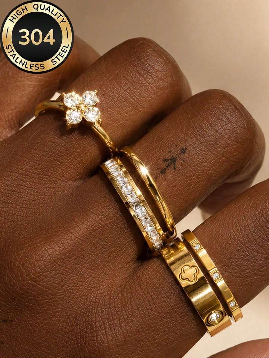 5pcs Stainless Steel Clover Ring Set, Waterproof And Colorfast, Elegant And Luxurious Gift For Women's Daily Wear, Parties And Banquets, Wedding Ring - Gold - View 1