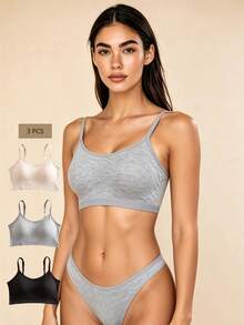 Lilivine 3pcs/Set Women's Solid Color Adjustable Strap Comfortable Wireless Padded Camisole Bra Tops, Suitable For Sports, Sleep - Multicolor - View 1