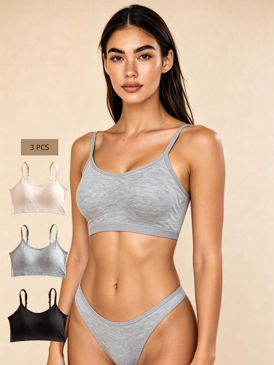 Lilivine 3pcs/Set Women's Solid Color Adjustable Strap Comfortable Wireless Padded Camisole Bra Tops, Suitable For Sports, Sleep - Multicolor - View 1