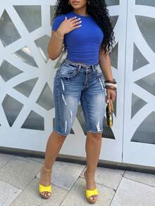 Sexy Fitted Women's Denim Bermuda Shorts With Button And Distressed Design, Casual Everyday Versatile Mid-Length Shorts - Dark Wash - View 6