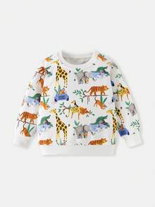 Young Girl Round Neck Long Sleeve Sweatshirt All-Over Print Wild Animals Giraffe Elephant Tiger Loose Casual Pullover Sweatshirt For Toddlers And Young Children - White - View 2