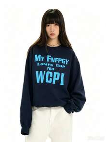 Cool Fashion Navy Blue Versatile Letter Print Casual Loose Crew Neck Sweatshirt Top - Navy Blue - View 5