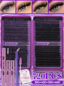 720/666/648/180 Clusters D Curl Single Strand False Eyelashes, Large Capacity, Suitable For Beginners, Long-Lasting Thick And Fluffy, Big Eye Makeup, Classic Realistic Bundled False Eyelashes, Includes Adhesive, Sealer, Tweezers, Brush - Purple - View 21