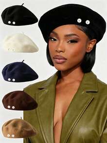 1pc Detachable Pearl Beret Hat For Women, Autumn/Winter Korean Style Lady Pumpkin Beret, Japanese Casual Wool Warm Hat - Multicolor - View 9