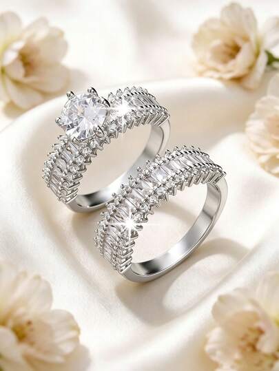 2pcs Luxury Exquisite Round Cubic Zirconia Women's Ring Set, Romantic Engagement And Wedding Rings, High-End Jewelry