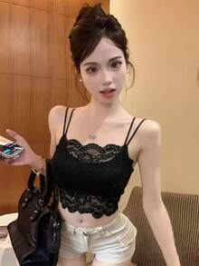春夏新款返校季可愛性感極簡蕾絲吊帶背心，附胸墊，純色女款內衣背心，休閒風 - 黑色 - 查看 6