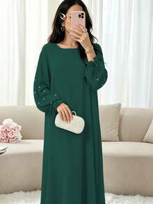 Elegant Double Layer Khimari Long Robe, Pearl Decorated Drawstring Sleeves, Loose Fit Modest Long Dress, Suitable For Middle Eastern Women - Multicolor - View 25