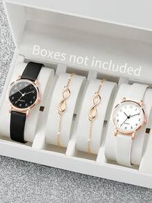 Jam Tangan Quartz Elegan Klasik dengan Tali Kulit PU untuk Wanita, Dial Kecil, + Gelang Simbol Tak Terhingga (4 buah/Set) Kotak Jam Tangan Tidak Termasuk - Emas - View 10