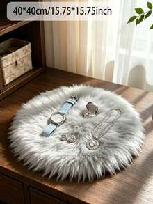 1pc Grey Long Plush Small Round Decorative Rug, Round Faux Fur Sheepskin Carpet, Fluffy Machine Washable Small Rug, Suitable For Nail Table, Makeup Display Decoration, Various Photo Props, Home Decor Minimalist Ins Style Decorative Rug, All Seasons - Grey - View 12