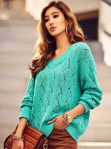 Plus Size Mint Green V-Neck Sweater, Long Sleeve Knit Pullover With Hollow-Out Leaf Pattern For Fall Winter Holiday Outfit Vacation - Emerald - View 5