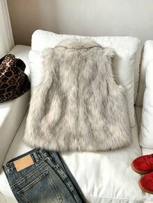 Apricot Minimalist Multi-Functional Stand Collar Sleeveless Faux Fur Jacket, Suitable For Autumn/Winter Girls Wear - Apricot - View 4