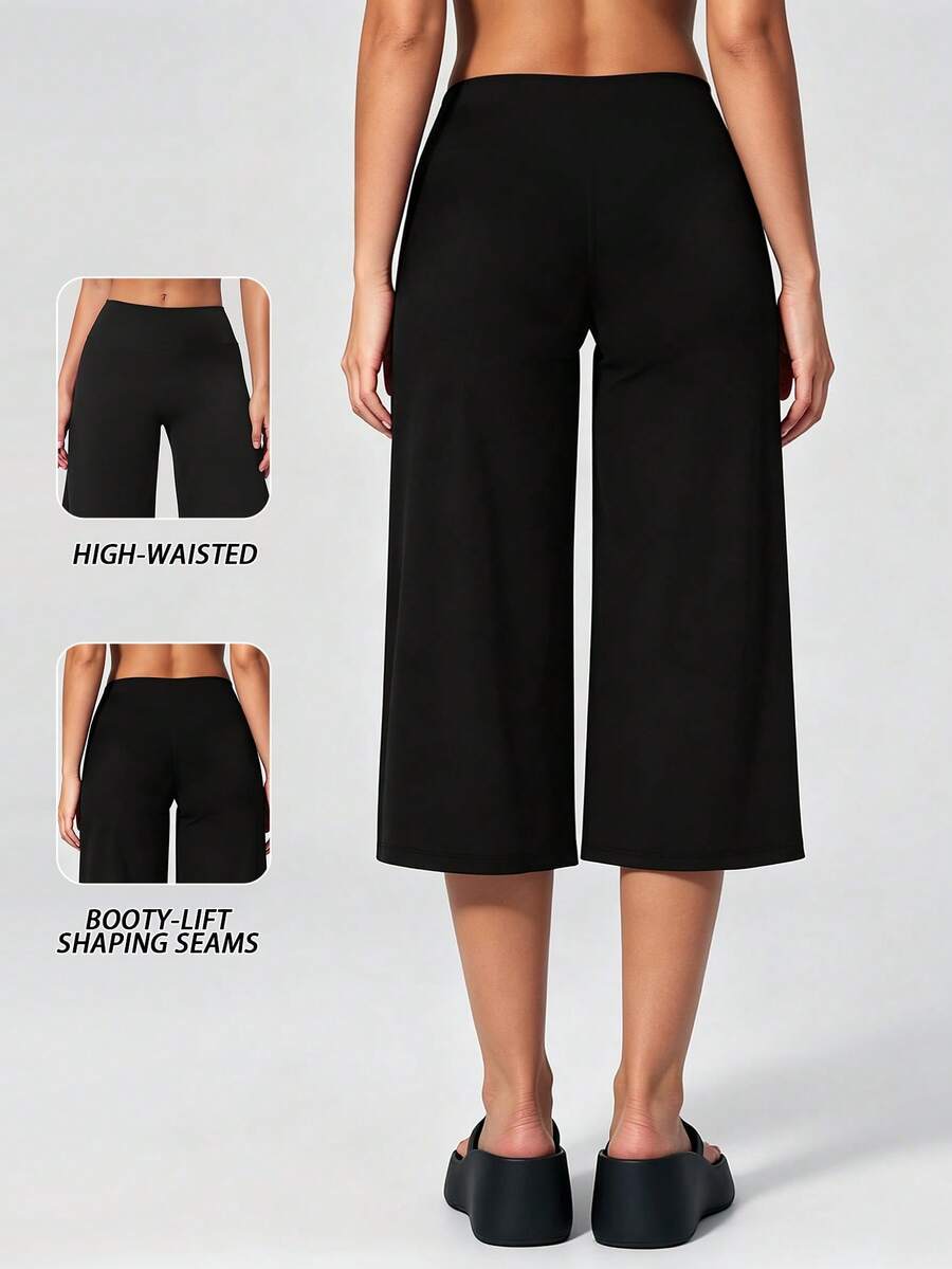 DINBEY Women's High Waist Tummy Control Butt Lifting Wide Leg Capri Yoga Pants, Soft Stretchy Non-See-Through Culottes For Workout & Lounge Sports - Black - View 1