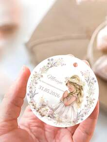 Etiquetas personalizadas para recuerdos de Primera Comunión, etiquetas redondas colgantes con nombre, fecha y diseño floral, etiquetas de regalo para ceremonia religiosa, etiquetas de recuerdo de comunión para niña - Multicolor - Ver 5
