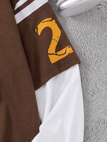 Lurzo Teen Boy Y2K Street 2-In-1 Long Sleeved T-Shirt, Oversized 23 Digit Printed Brown T-Shirt, Hip-Hop Casual Top, Casual Back To School Sportswear - Brown - View 8