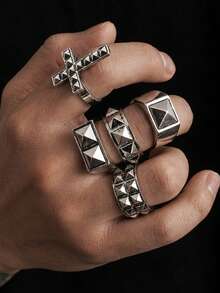 5pcs Personalized Punk Rivet Cross Rings, Men's Street Hip Hop Geometric Metal Accessories, Suitable For Daily Wear, Party, Music Festival, Holiday Gift For Family And Friends - White K - View 1