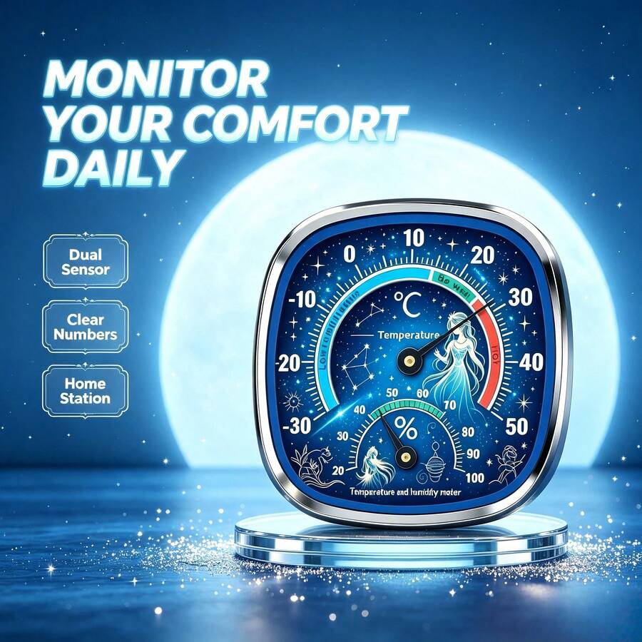 12 Zodiac Signs Home Mechanical Thermometer & Hygrometer, Battery-Free Dual Scale Temperature & Humidity Meter, High Sensitivity Indoor Universal Monitoring Gauge - A - View 1