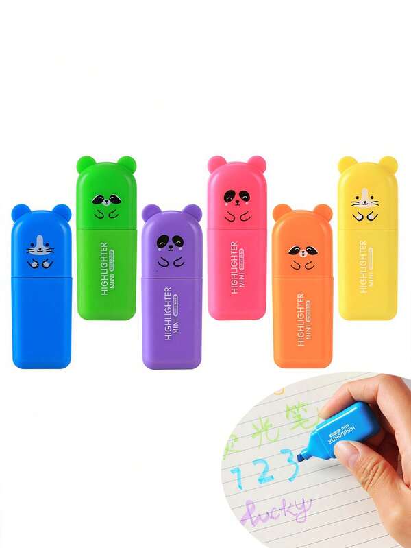Set di 6 evidenziatori mini a forma di orsetto color macaron, penne fluorescenti multicolore con punta morbida e protezione per gli occhi, penne per sottolineare punti chiave per studenti, penne per planner, scarabocchi e disegno, regalo per ufficio e studio, penne colorate per appunti fai-da-te per bambini