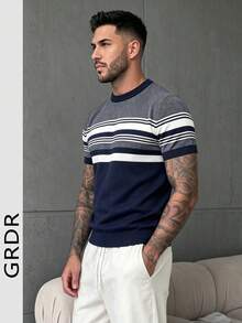 GRDR Men's Contrast Color Striped Crew Neck Knit Short Sleeve T-Shirt - Daily Wear Commute Outfit - Navy Blue - View 2