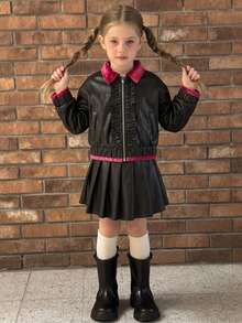 Girls' Autumn/Winter Vintage Jacket Set With Lapel Lace Design Zipper Long Sleeve Jacket + Solid Color Pleated Skirt 2-Piece Set - Black - View 4