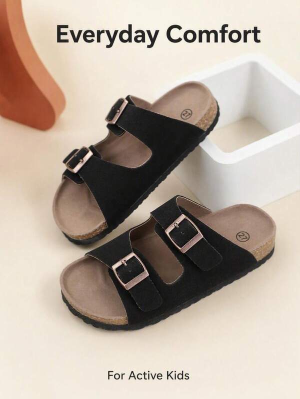 Black Double Strap Cork Sandals For Boys And Girls, Lightweight Non-Slip Rubber Sole Kids Slippers, Breathable Durable Summer Shoes Suitable For Toddlers To Big Kids