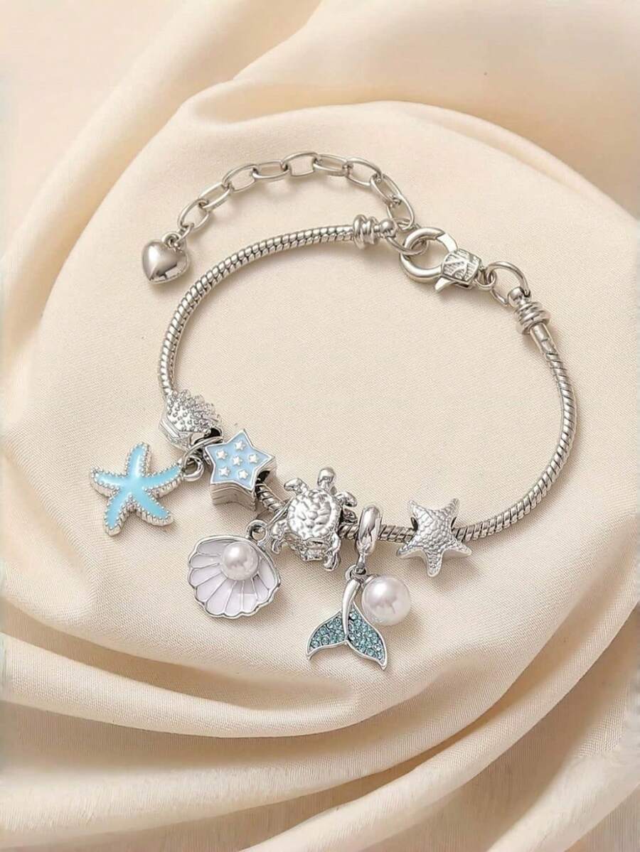 1pc Multi-Element Ocean Style Cute Painting Oil Starfish Fish Tail Pendant Bracelet, Exquisite Suitable For Daily Wear And Gifting - Multicolor - View 1
