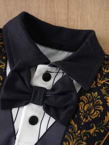 Vintage Floral Gentleman Style Baby Boy Jumpsuit, Gold Foil Pattern Lapel Snap Button Infant Wear - Multicolor - View 4